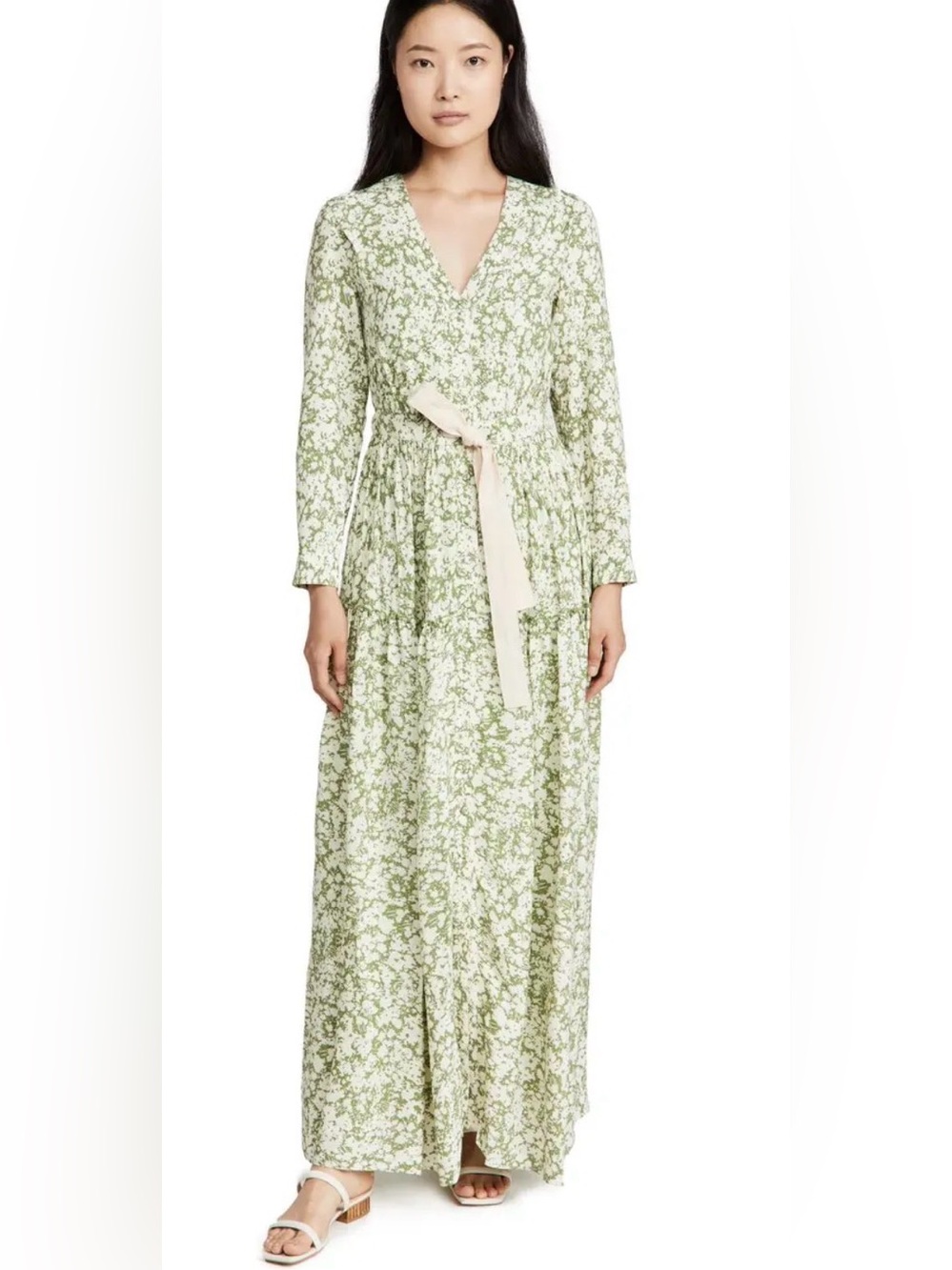 Jonathan Simkhai Chiara Belted Button Down Gown Green White 2